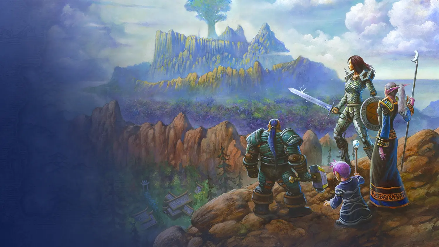 A party of adventurers on a ridge above the new Forever frontier, looking out at a plateau crowned by a world tree