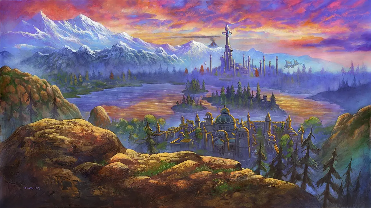 A painted sunset over a lake city in Azeroth, spires and a dragon in the distance